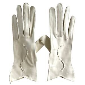 Vintage Ivory Cream Leather Gloves Sz 6.5 Rope Detail on Top, Original Sleeve